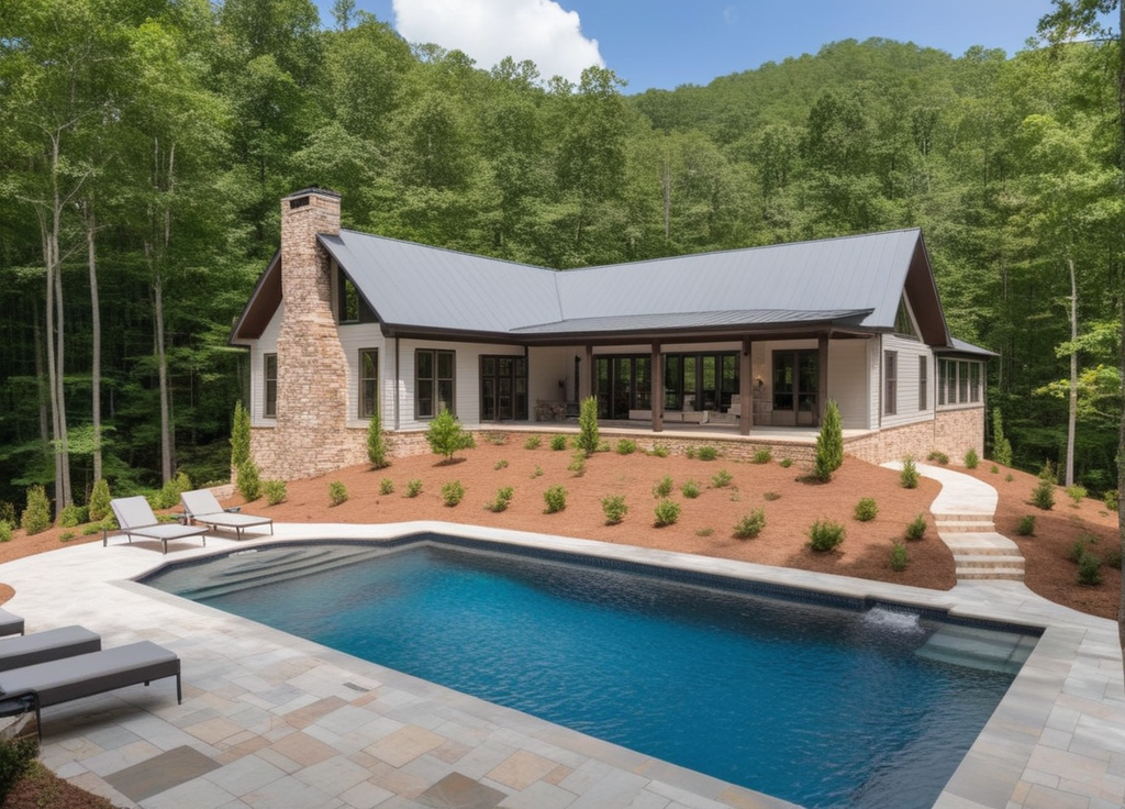 a pool with a patio in the woods